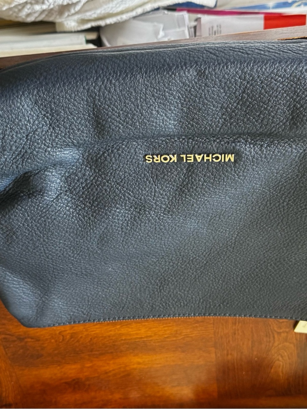 Michael Kors Dark Navy Pebbled Leather Toiletry Bag with Gold Logo